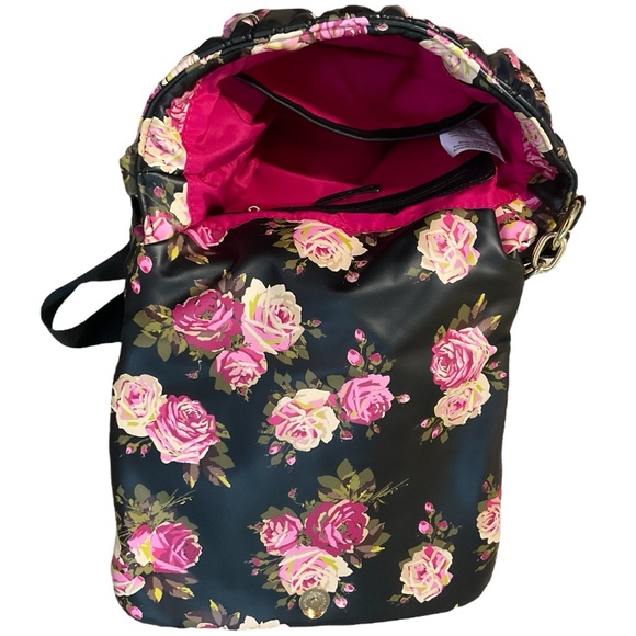Betsey Johnson Black Floral Pucker Up Convertible Flap Crossbody Purse - Picture 6 of 13